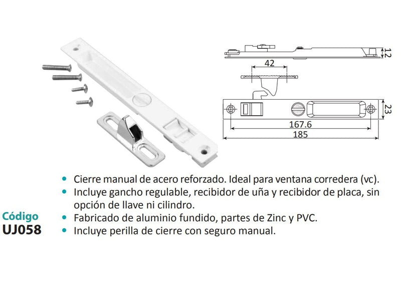 Cierre Embutido Manual Para Ventana Y Puerta Corredera. Aleacion De Zinc. Incluye Recibidor Y Gancho