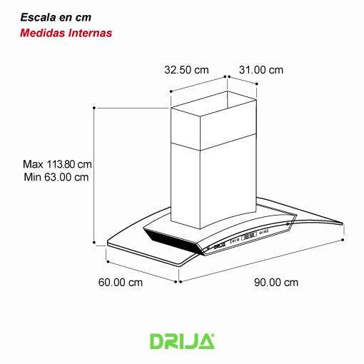 EXTRATOR DE GRASA (PRISMA ISLA TOUCH 90) 90CM ACERO TIPO CHIMENEA VIDRIO CURVO LUZ LED 110V TOUCH