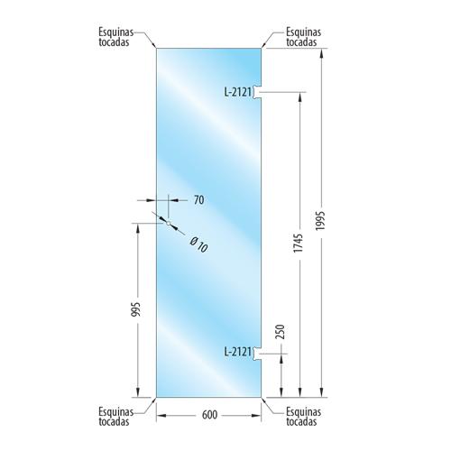 Puerta Baño templada 10mm 60x199.5cm. Con saque L-2121 y Boton sencillo.