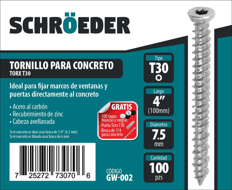 TORNILLO PARA CONCRETO SIN NECESIDAD DE TACO DE ANCLAJE CABEZA TORX30 7.5 X 100 MM. (CAJA 100 PZAS)