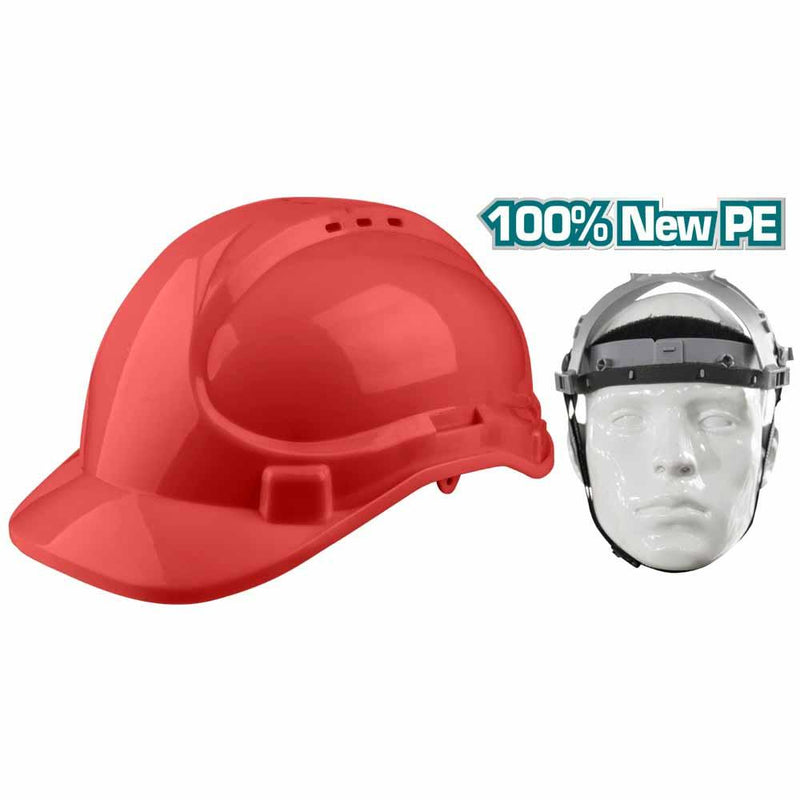 Casco De Seguridad Color Rojo. 8 Puntos De Suspension. Ajustable. Carcasa De PE Con Respiraderos.