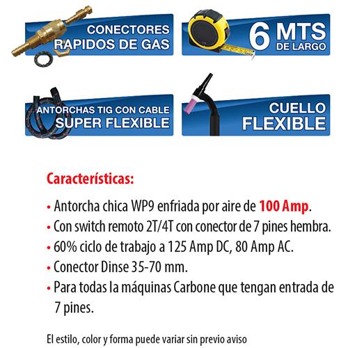 Antorcha Tig WP 9 cabeza flexible con Swich remoto. (Dinse 35mm) 6 mts.