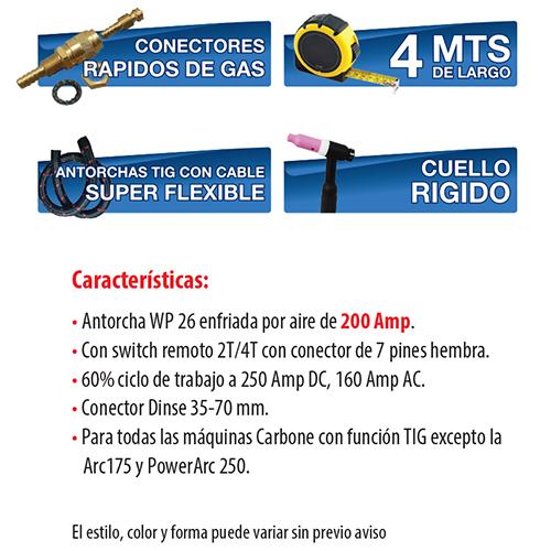 Antorcha Tig WP26 cabeza rigida c/Swich remoto.Cuerpo ergonomico estilo europeo.Dinse 35mm 4 mts.