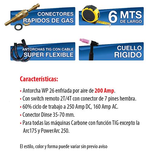 Antorcha Tig WP 26 cabeza rigida c/Swich remoto.Cuerpo ergonomico estilo europeo.Dinse 35mm6 mts