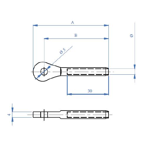 Terminal para cable 5 mm con agujero.Hembra rosca Izquierda.AISI 316.