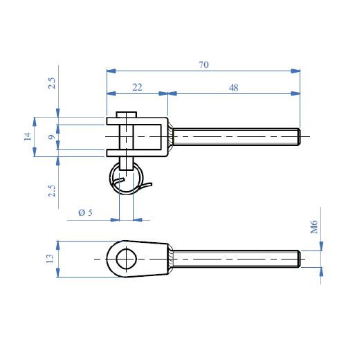 Terminal para cable 5mm con pin removible .Macho rosca Izquierda.AISI 304.