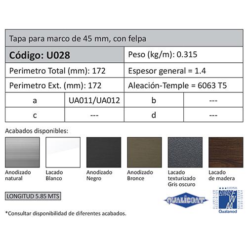Tapa Final Con Felpa Marco 45Mm. Espesor 1.4 Mm. Largo 5.85 Mts. Acabado Anodizado Silver 15 Micron.