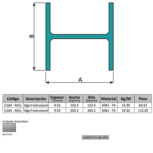 Viga Estructural En Forma De H 6" X 6". Espesor 9.53 Mm, Alto 152.4 Mm, Largo 5.85 Mts. Material 606