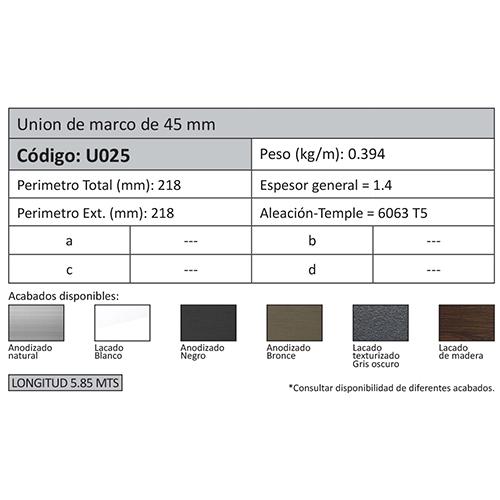 Union Marco 45 Mm. Espesor 1.3 Mm. Largo 5.85 Mts. Acabado Lacado Gris Oscuro Texturizado. (D3-P1-A1