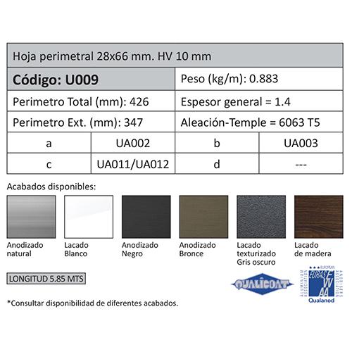 Perfil Hoja Perimetral De 28X66 HV 10 Mm. Espesor 1.4 Mm. Largo 5.85 Mts. Acabado Anodizado Negro 15