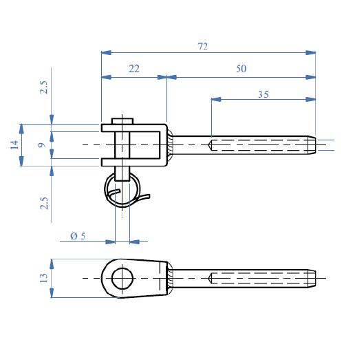 Terminal para cable 5mm con pin removible .Rosca Hembra .AISI 304.