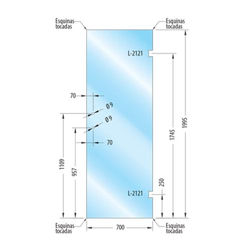 Puerta Baño templada 10mm 70x199.5cm. Con saque L-2121 y tirador L-2846 152 mm