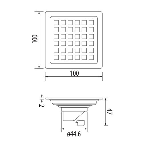 Desague Drenaje de piso cuadrado de 100x100 mm de lujo. Inox 304 satinado. Drenaje 44.6mm.