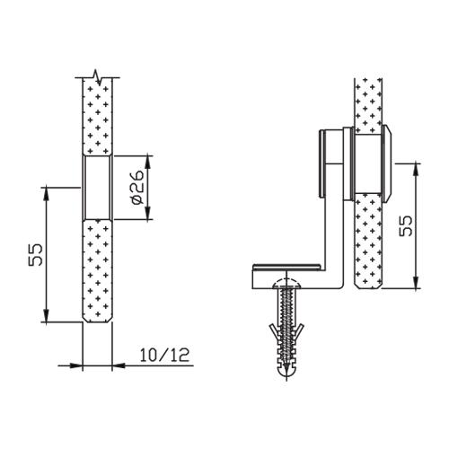 Conector Muro vidrio. 304 satin. Perfor. 26 mm