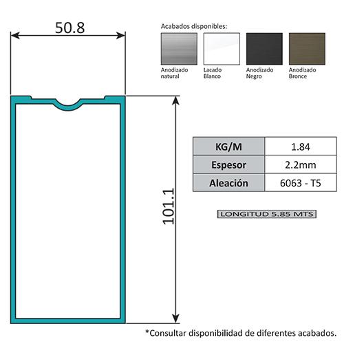 Vertical Muro Cortina Perfil Oculto. Espesor 2.2 Mm. Largo 5.85 Mts. Acabado Anodizado Silver 15 Mic