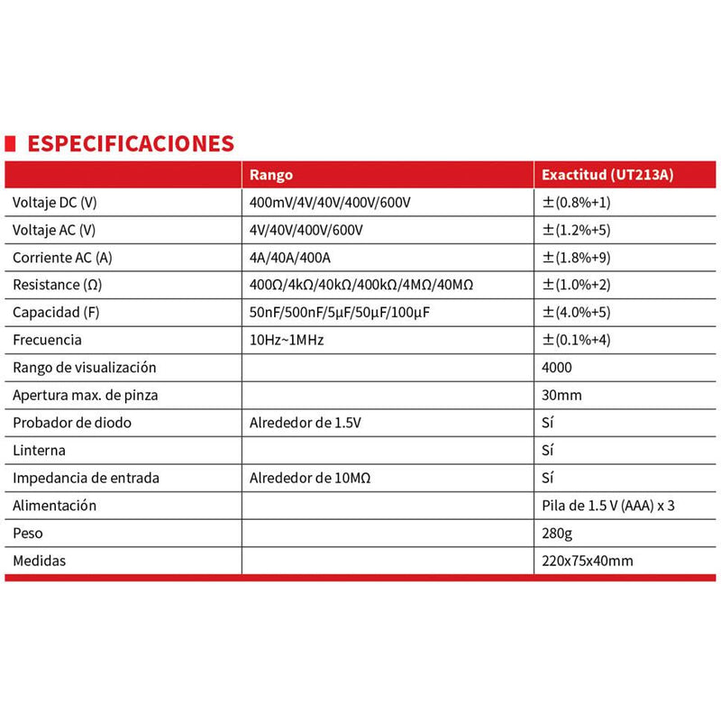 Medidor De Abrazadera UNI-T UT213A Medidor De Pinza Digital 400A Verdadero RMS Rango Automatico.