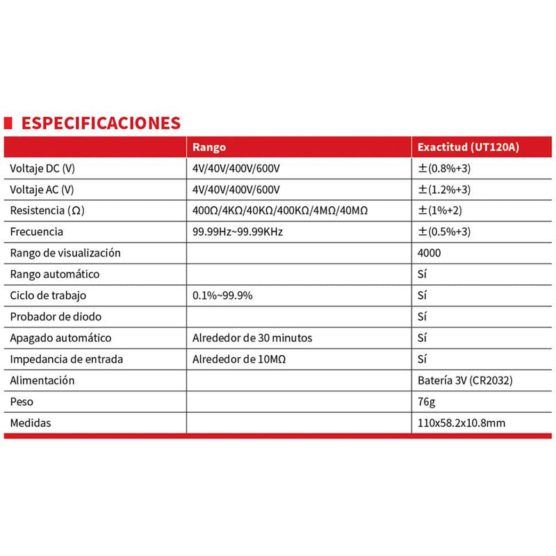 Múltimetro digital tamaño de bolsillo diseñado para medir voltaje AC/DC, resistencia, frecuencia