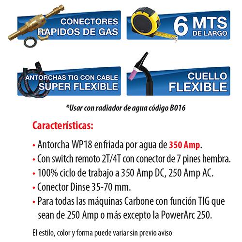 Antorcha Tig WP18 wat/cooled cabeza flex c/Swich remoto.Cuerpo ergonom estilo europeo.Dinse 35m,6m