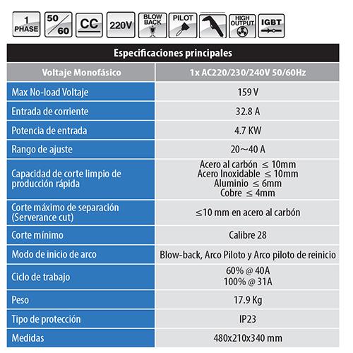 Plasma CUT40 , Corta Hasta 10 Mm. 40 Amp 220Volts 50-60Htz.Con Compresor Interno Integrado(1Año)