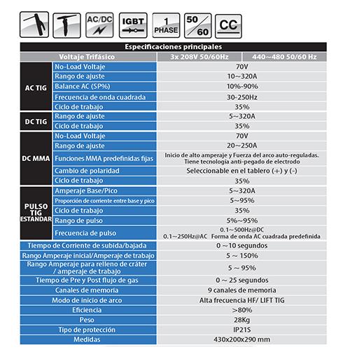DIGI-TIG320ACDC Maq de soldar Tig AC/DC alta frecue y electrodo 3PHASE 208/480V Heavy duty(1año)