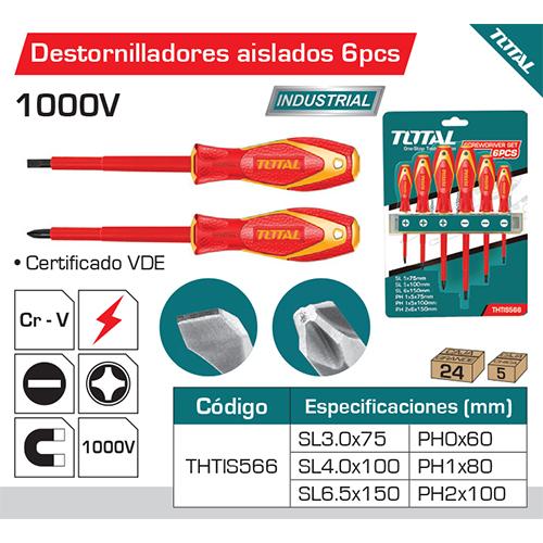 Juego 6Pza Destor.Insul.Cr-V.1000Volts.Cert VDE SL3.0×75,SL4.0×100,SL6.5×150,PH0×60,PH1×80,PH2×100