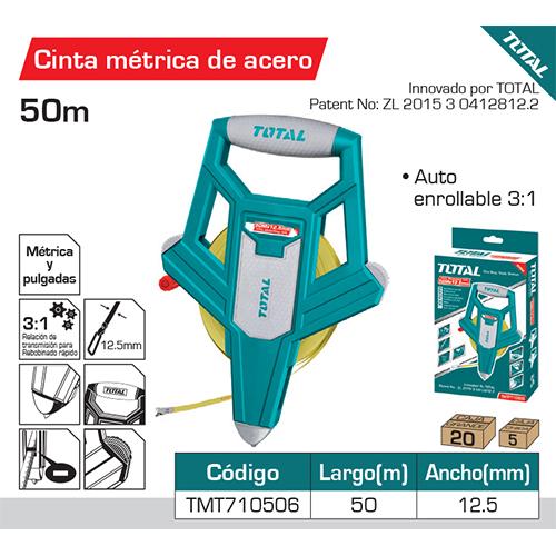 Cinta Metrica De Acero 50 Mts X 12.5 Mm. Metrico Y Pulgadas. Auto Enrollable 3:1