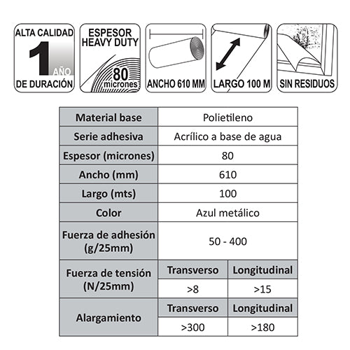 Rollo de plastico azul de alta calidad, 1año de duracion,80 micrometros de espesor,610mm de ancho