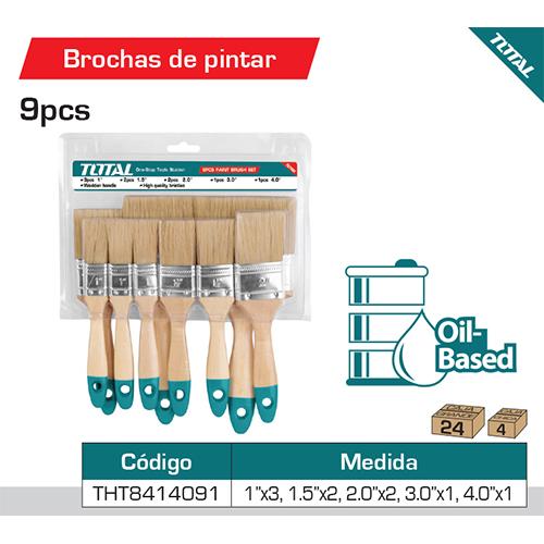 Juego De 9 Brochas. Mango Madera 3Pcs  1", 2Pcs  1.5", 2Pcs   2" , 1Pcs  3", 1Pcs  4". Alta Calidad