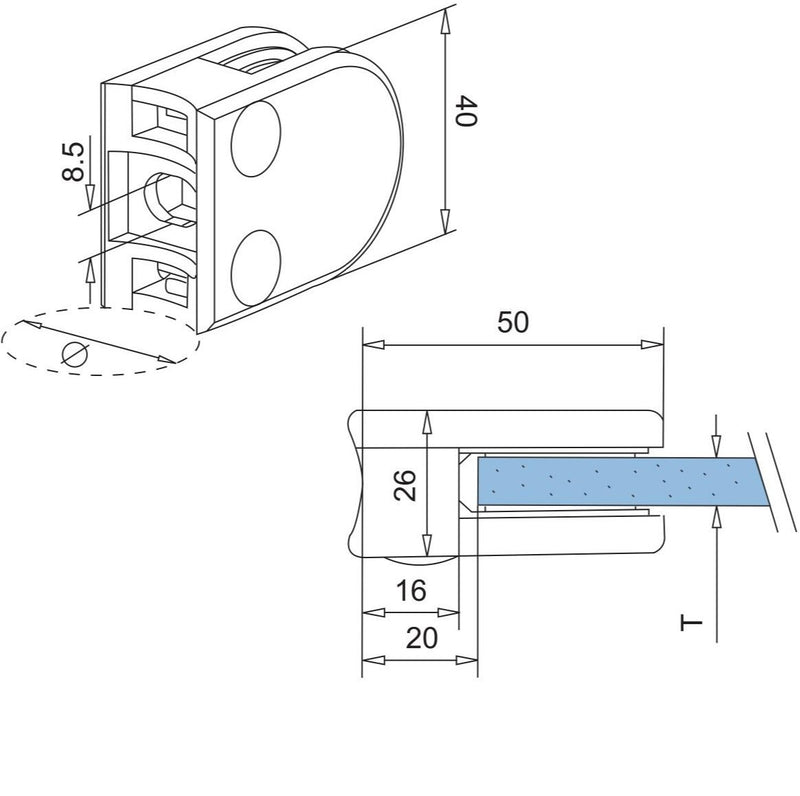 Pinza Para Vidrio De (6.76 - 8 - 10) Mm. No Requiere Perforacion. Acero Inox 304. Para Tubo De 42.4