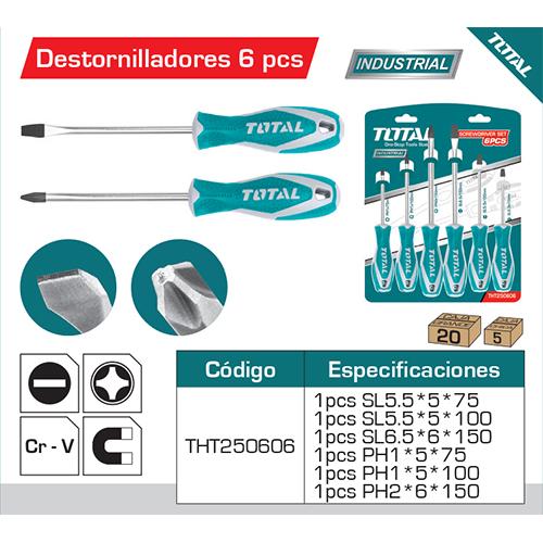 Juego Destornillador (6Pza) SL5.5*5*75/SL5.5*5*100/SL6.5*6*150/PH1*5*75/PH1*5*100/PH2*6*150. Cr-V