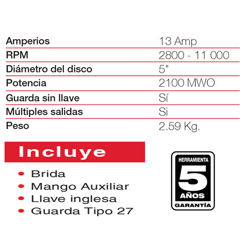 Flexible velocidad variable 5" 13Amp de gatillo, RPM 2800-11000