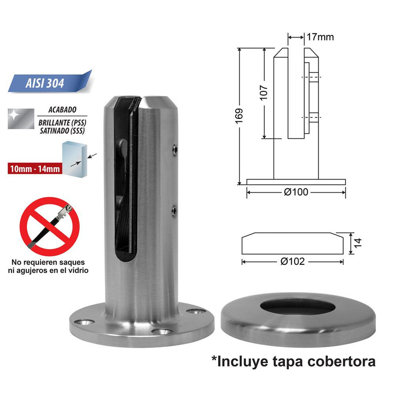 Soporte para barandas satinado (sin perforacion en vidrios)