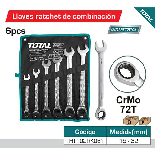 6Pza Juego Llaves/Combinacion Rachet Para Tuercas 19,22,24,27,30,32Mm. Cr-Mo72.