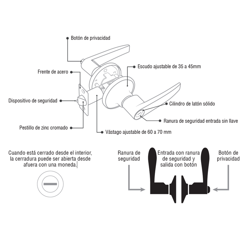 Cerradura manilla para baño. pestillo interno Nickel satinado.