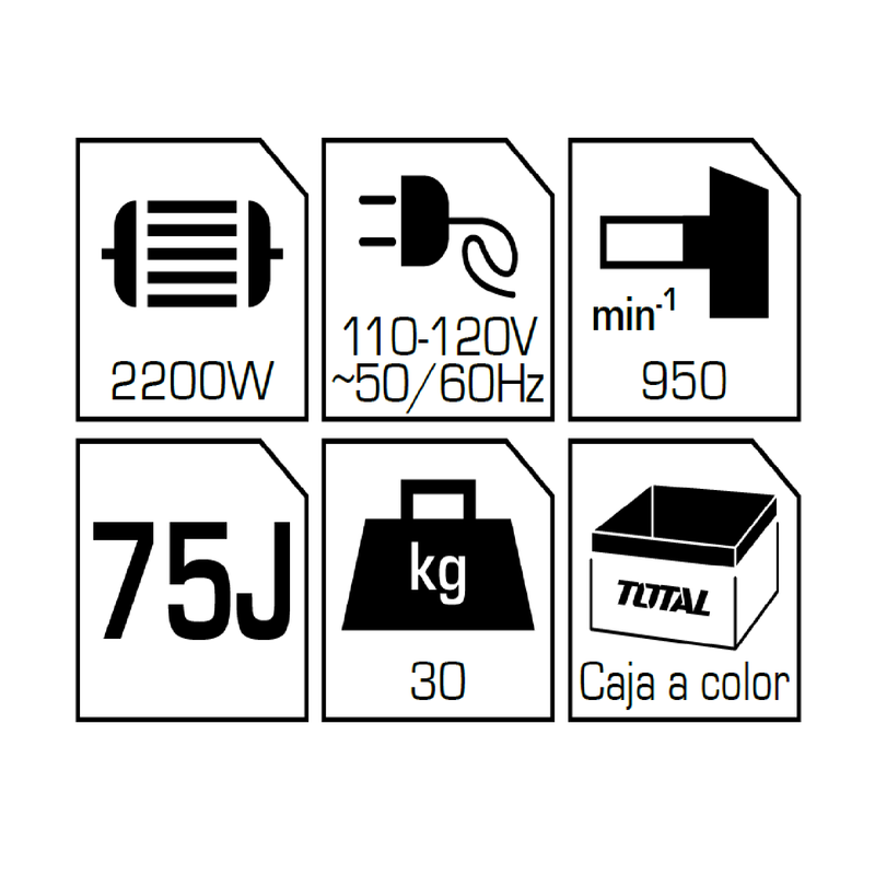 Demoledora 2200W SDS HEX 28Mm 30Kg. 110-120V~60Hz Calid. Indust. Viene Con Maletín 2Cinceleshex.1Año