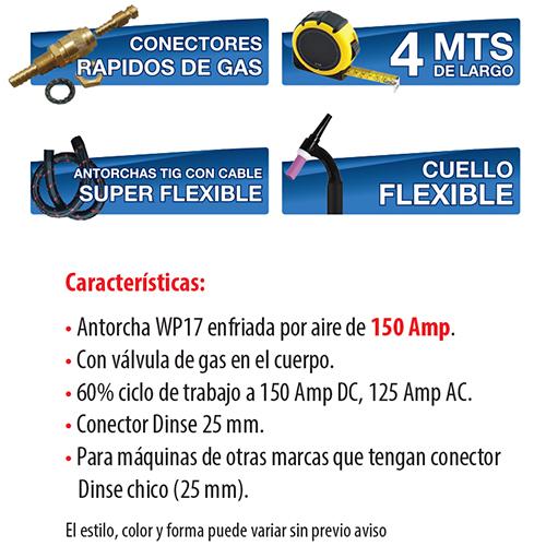 Antorcha TIG WP 17 Cabeza Flex Con Valvula (Dinse 25Mm Chico). 4 Mts.