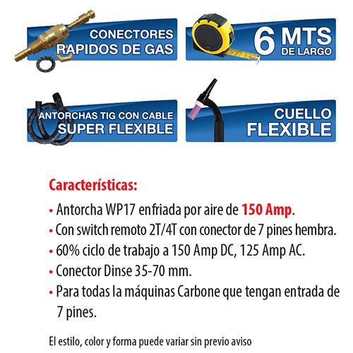 Antorcha Tig WP 17 Cabeza Flexible Con Swich Remoto. (Dinse 35Mm) 6 Mts.