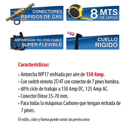 Antorcha Tig WP17 Cabeza Rigida C/Swich Remoto.Cuerpo Ergonomico Estilo Europeo.Dinse 35Mm 8 Mts.