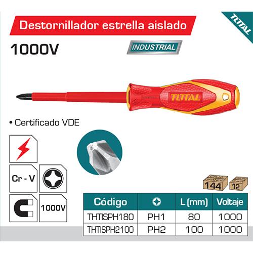 Destornillador Insulado De Estrella PH2 Mm. Largo 100 Mm. Cr-V. 1000Volts. Certificado VDE