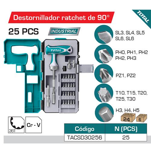 Destornillador Ratchet De 90°. Contiene 25 Pcs Con Puntas Intercambiables. CR-V.