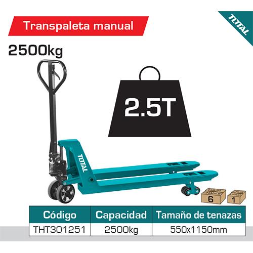 Transpaleta Manual 2500Kg. Medidas De Uñas. 550X 1150 Mm. Altura Min/Max De Uña 85-200 Mm (1 Año)