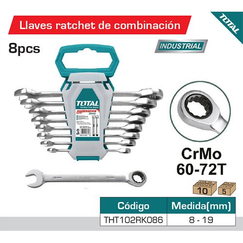 Juego 8 Pcs Llaves Inglesas Con Ratchet Size:8-19 8,10,12,13,14,15,17,19 Mm. CR-V.