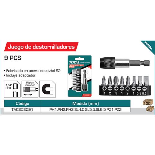 Juego De 9 Pza  Magnet. Puntas Destornillador Con Adaptador PH1,PH2,PH3,SL4.0,SL5.5,SL6.5,PZ1,PZ2