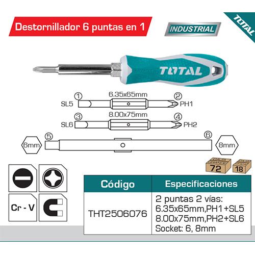 Juego Destornillador Punt 6En1 CR-V 2Punt 2 Vias 6.35*65Mm,PH1+SL5 8.00*75Mm,PH2+SL6 2 Socket:6,8Mm
