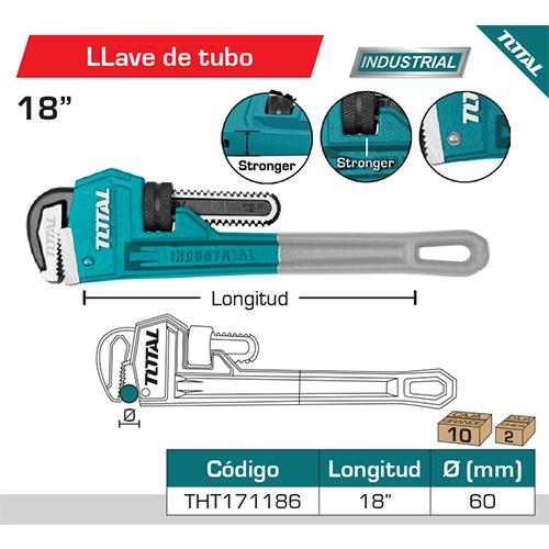 Llave De Tubo Forjada Acero Alta Calidad. Remache Sólido.Diámetro Max Sujeción: 60Mm. 18"(450Mm)