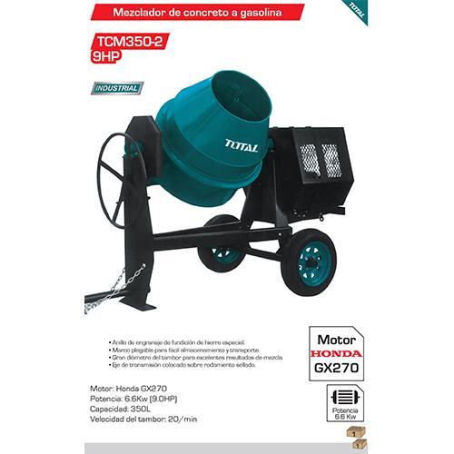 Mezclador De Concreto A Gasolina. Motor Honda GX270 6.6Kw(9HP). Capacidad 350L (1 1/2 Sacos ) Concre