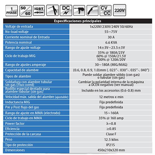 PROMIG180 Maq MIG/Stick C/S Gas220volts.Esp.Max Alambre 1.0Mm.Spool Gun Y Antorcha MIG  1Año