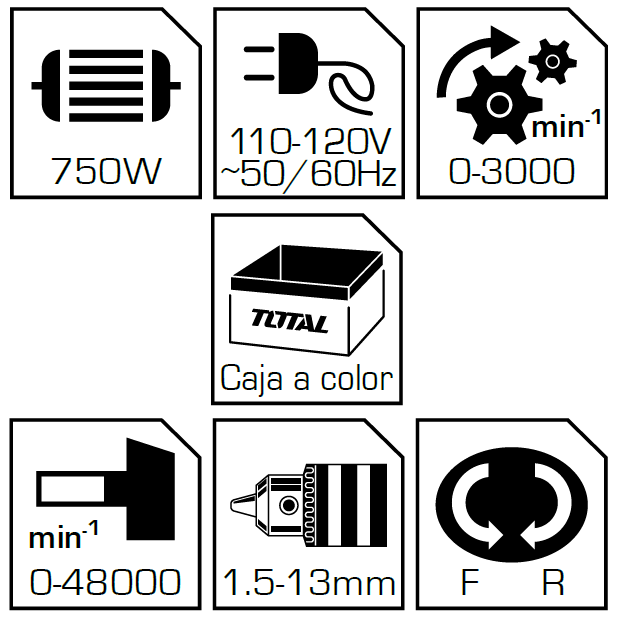 Taladro De 1/2" Total 110V-120V~60Hz 750W. Con Martillo. Swich De Reversa. 3000Rpm.(1 Año)