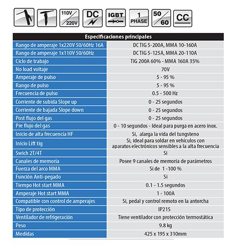 TIG 200PD-DV Maquina Soldadura Tig DC Alta Frec Y Electrodo 110/220V (Ultraportatil) Uso Indu(1Año
