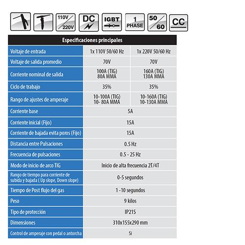 TIG160PDCHF Maquina De Soldar Tig DC Alta Frecuencia Y Electrodo 110/220V (Ultra Portátil)(1Año)